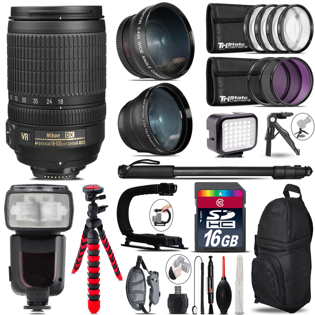 Nikon DX 18-105mm VR + Pro Flash + LED Light + Tripod - 16GB Accessory Bundle *FREE SHIPPING*