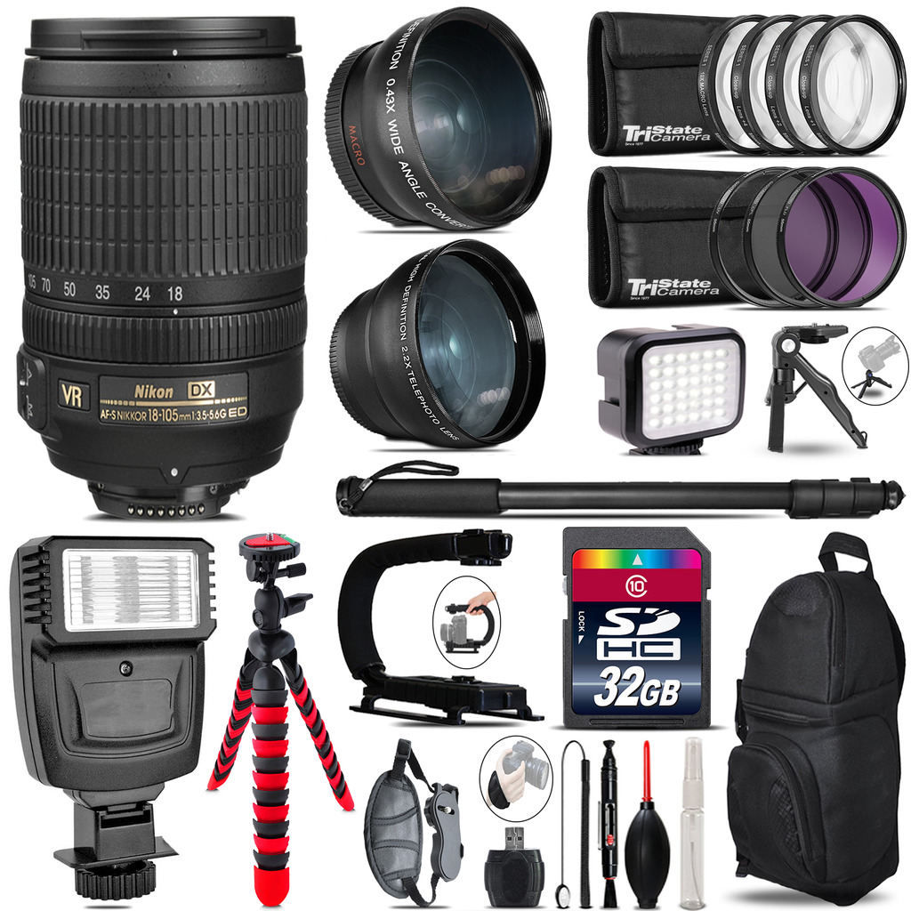 Nikon DX 18-105mm VR + Slave Flash + LED Light + Tripod - 32GB Accessory Bundle *FREE SHIPPING*