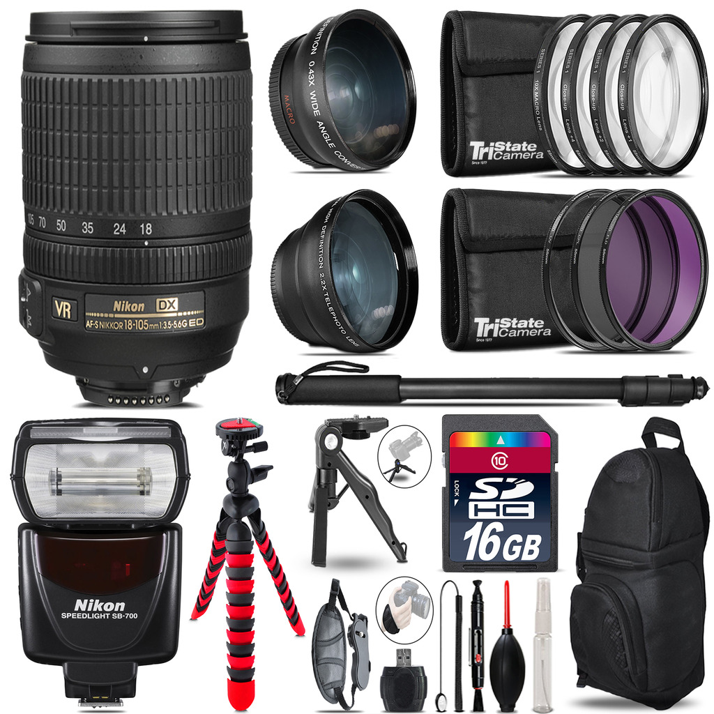 Nikon DX 18-105mm VR + SB-700 AF Speedlight - 3 Lens Kit - 16GB Accessory Kit *FREE SHIPPING*
