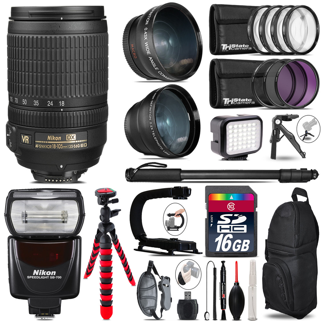 Nikon DX 18-105mm VR + SB-700 AF Speedlight - LED LIGHT - 16GB Accessory Kit *FREE SHIPPING*