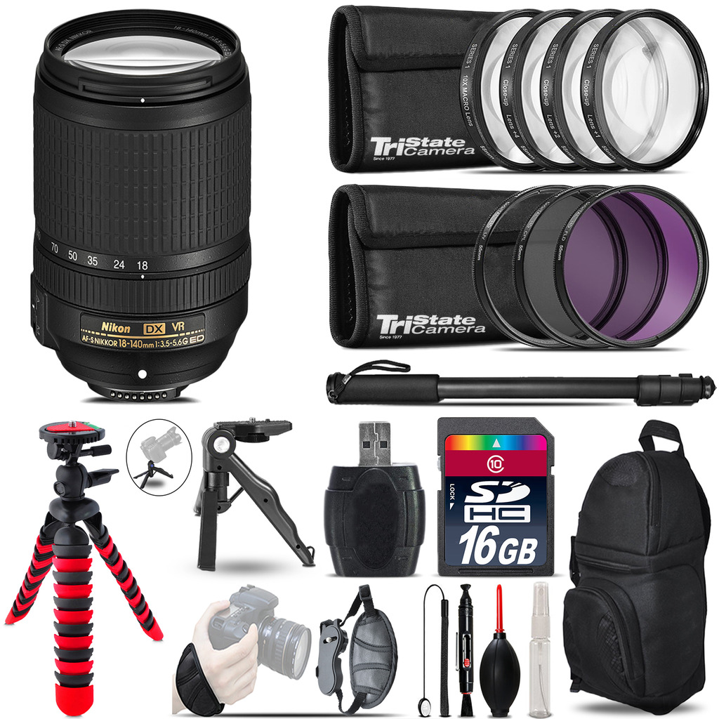 Nikon DX 18-140mm VR + MACRO, UV-CPL-FLD Filter + Monopod - 16GB Accessory Kit *FREE SHIPPING*
