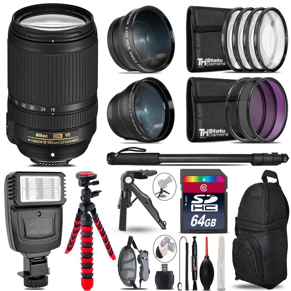 Nikon DX 18-140mm VR -3 Lens Kit + Slave Flash + Tripod - 64GB Accessory Bundle *FREE SHIPPING*