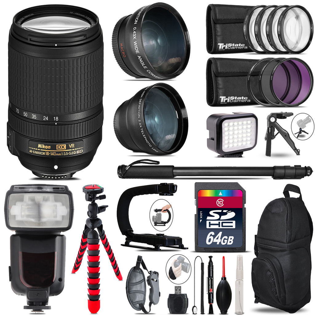 Nikon DX 18-140mm VR + Pro Flash + LED Light + Tripod - 64GB Accessory Bundle *FREE SHIPPING*