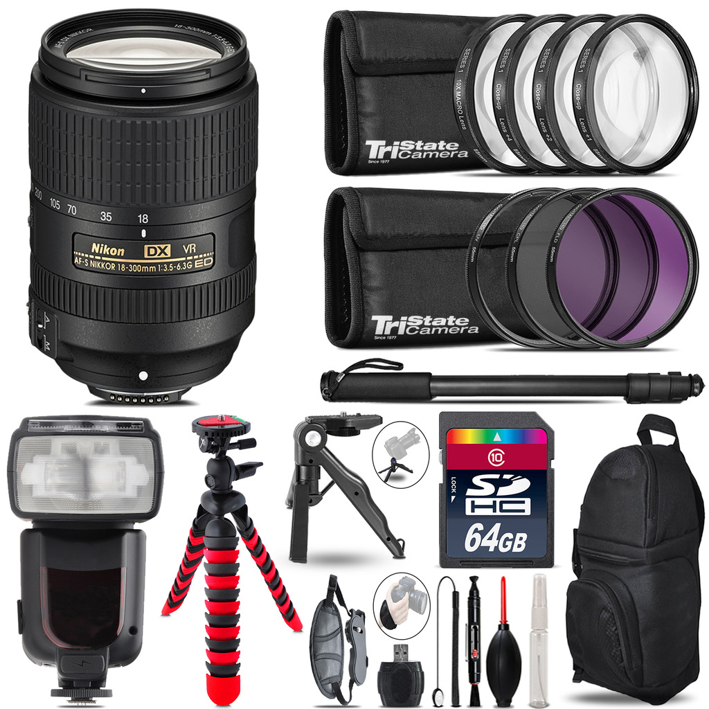 Nikon DX 18-300mm VR + Professional Flash + Macro Kit - 64GB Accessory Bundle *FREE SHIPPING*