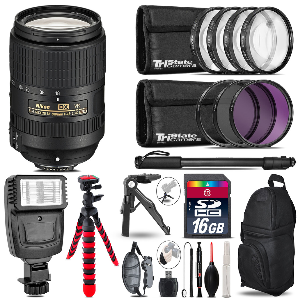 Nikon DX 18-300mm VR + Slave Flash + MACRO, UV-CPL-FLD - 16GB Accessory Bundle *FREE SHIPPING*