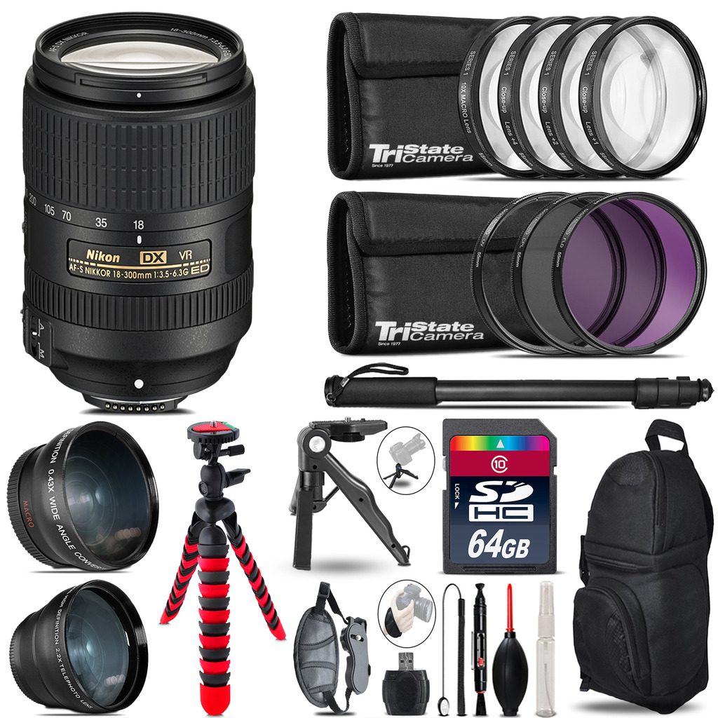 Nikon DX 18-300mm VR - 3 Lens Kit + Tripod + Backpack - 64GB Accessory Bundle *FREE SHIPPING*