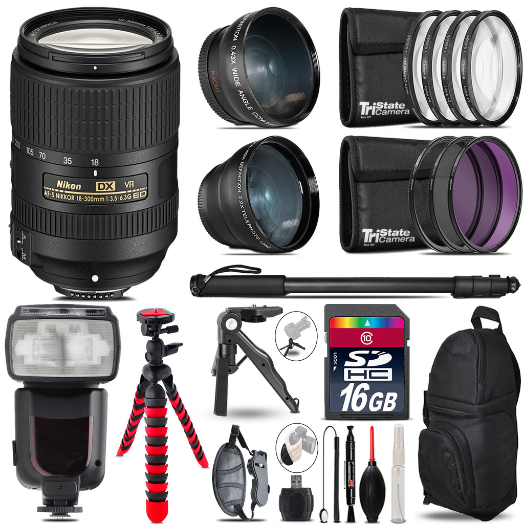 DX 18-300mm VR - 3 Lens Kit + Professional Flash - 16GB Accessory Bundle *FREE SHIPPING*