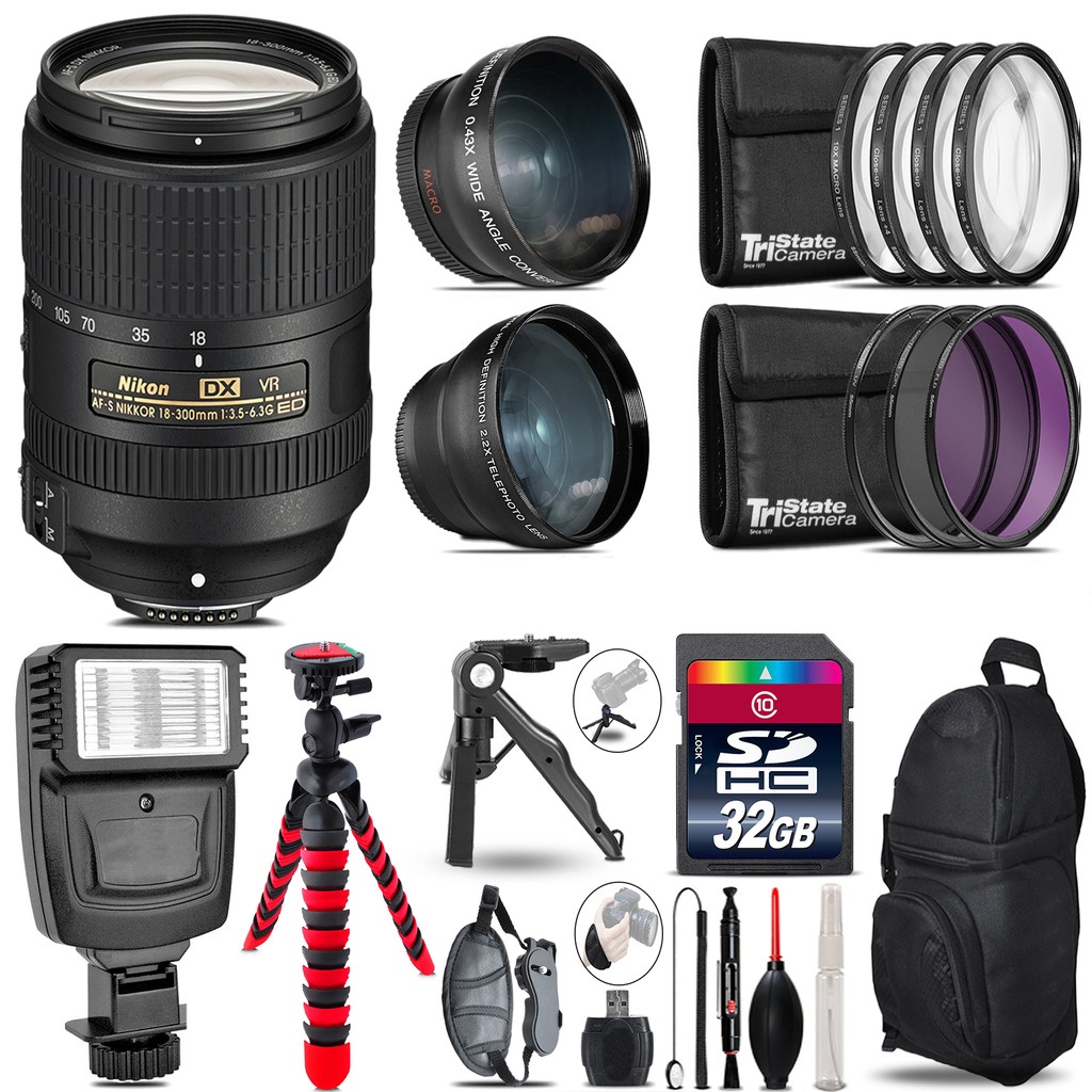 Nikon DX 18-300mm VR -3 Lens Kit + Slave Flash + Tripod - 32GB Accessory Bundle *FREE SHIPPING*