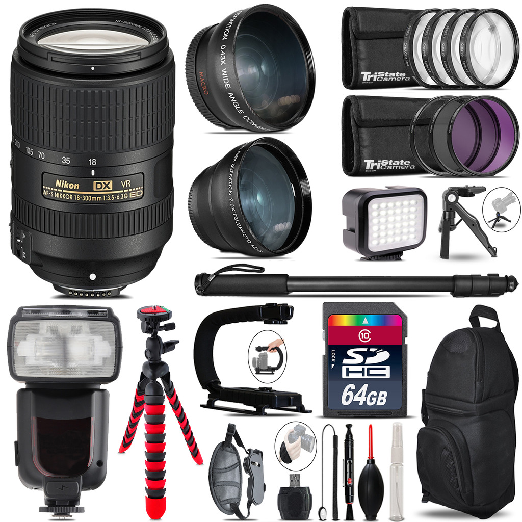 Nikon DX 18-300mm VR + Pro Flash + LED Light + Tripod - 64GB Accessory Bundle *FREE SHIPPING*