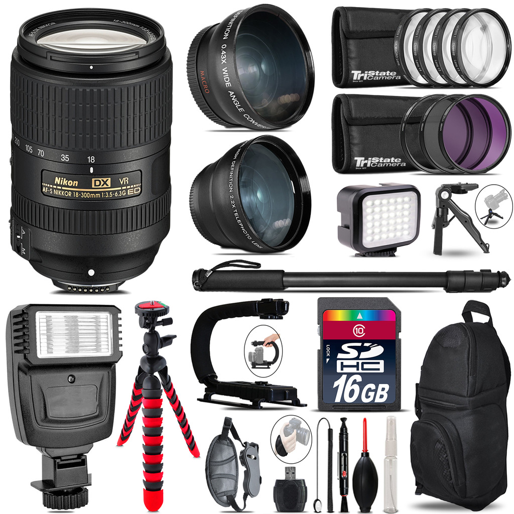 Nikon DX 18-300mm VR + Slave Flash + LED Light + Tripod - 16GB Accessory Bundle *FREE SHIPPING*