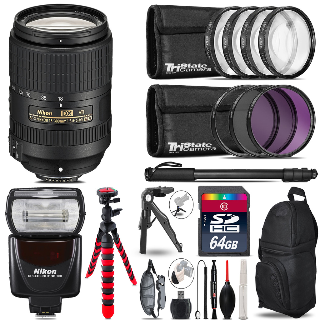 Nikon DX 18-300mm VR + SB-700 AF Speedlight + UV-CPL-FLD - 64GB Accessory Kit *FREE SHIPPING*