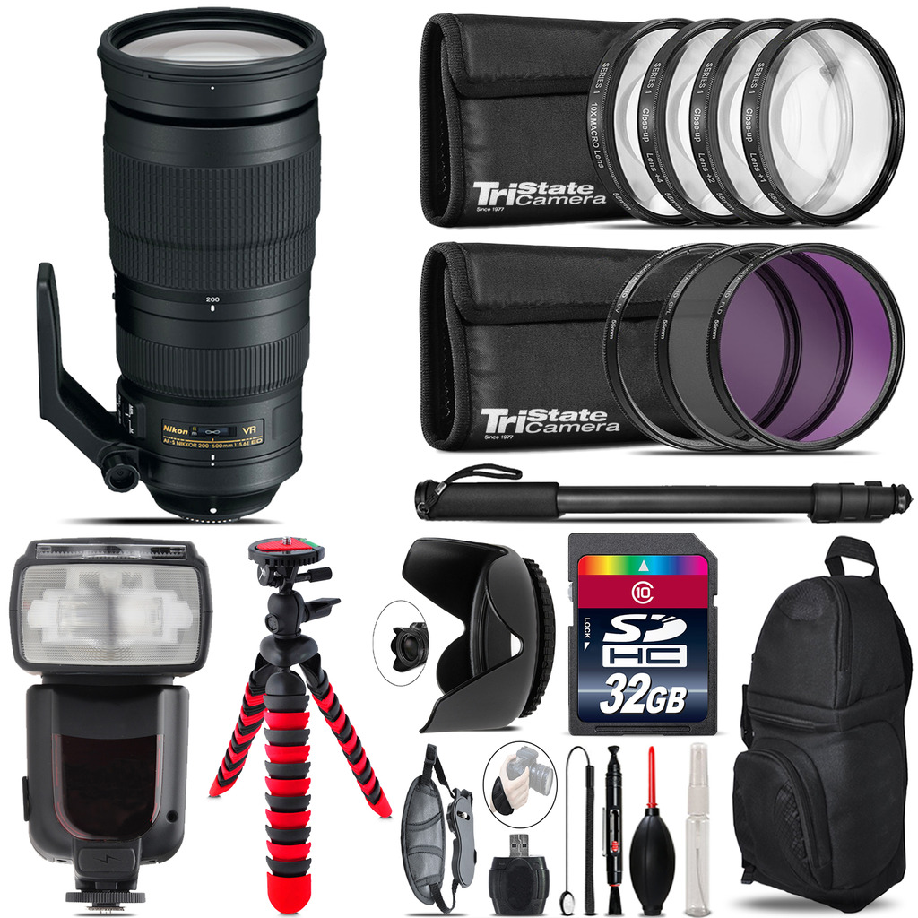 Nikon AF-S 200-500mm  VR Lens + Professional Flash & More - 32GB Accessory Kit *FREE SHIPPING*