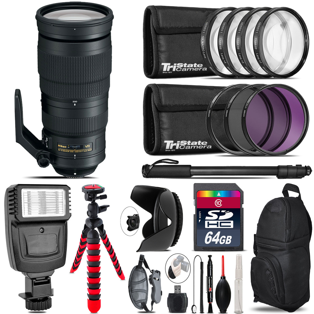 Nikon AF-S 200-500mm  VR Lens + Flash +  Tripod & More - 64GB Accessory Kit *FREE SHIPPING*
