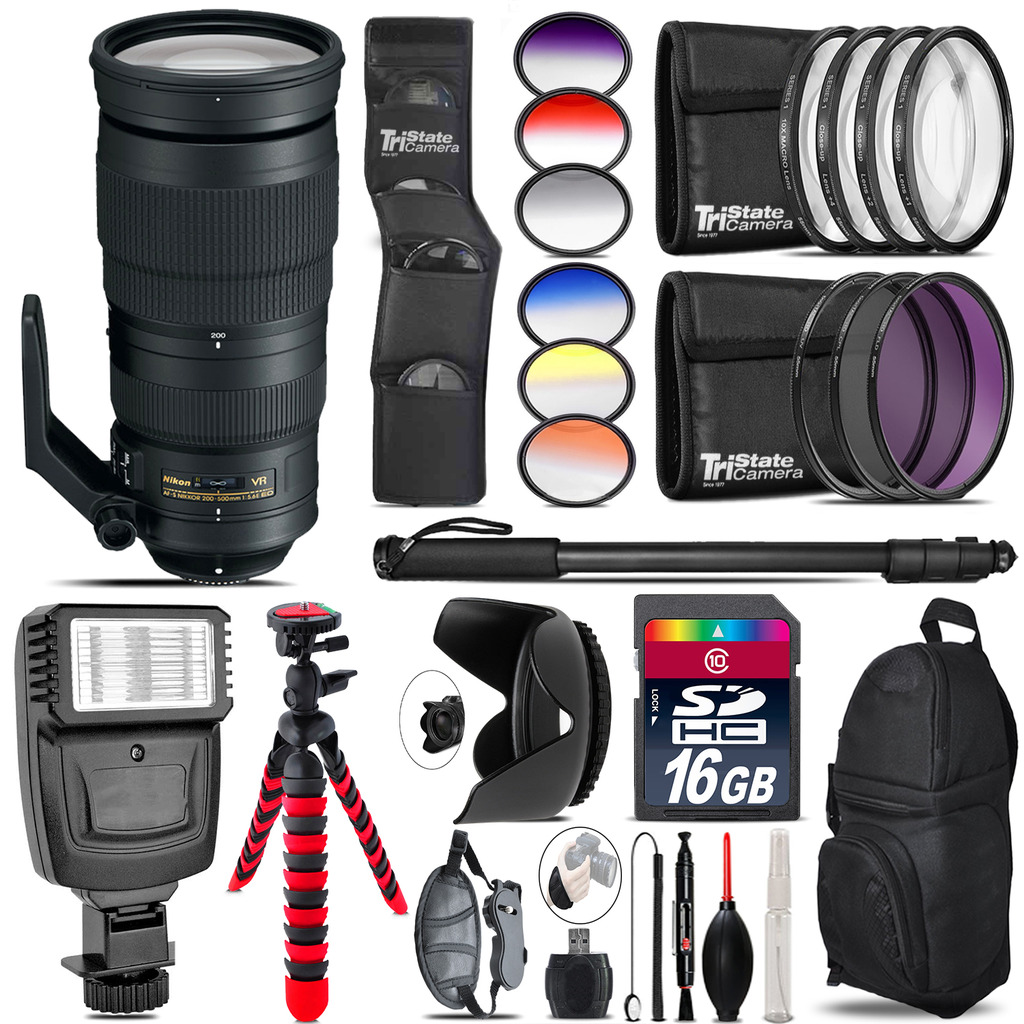 Nikon AF-S 200-500mm  VR Lens + Flash + Color Filter Set - 16GB Accessory Kit *FREE SHIPPING*