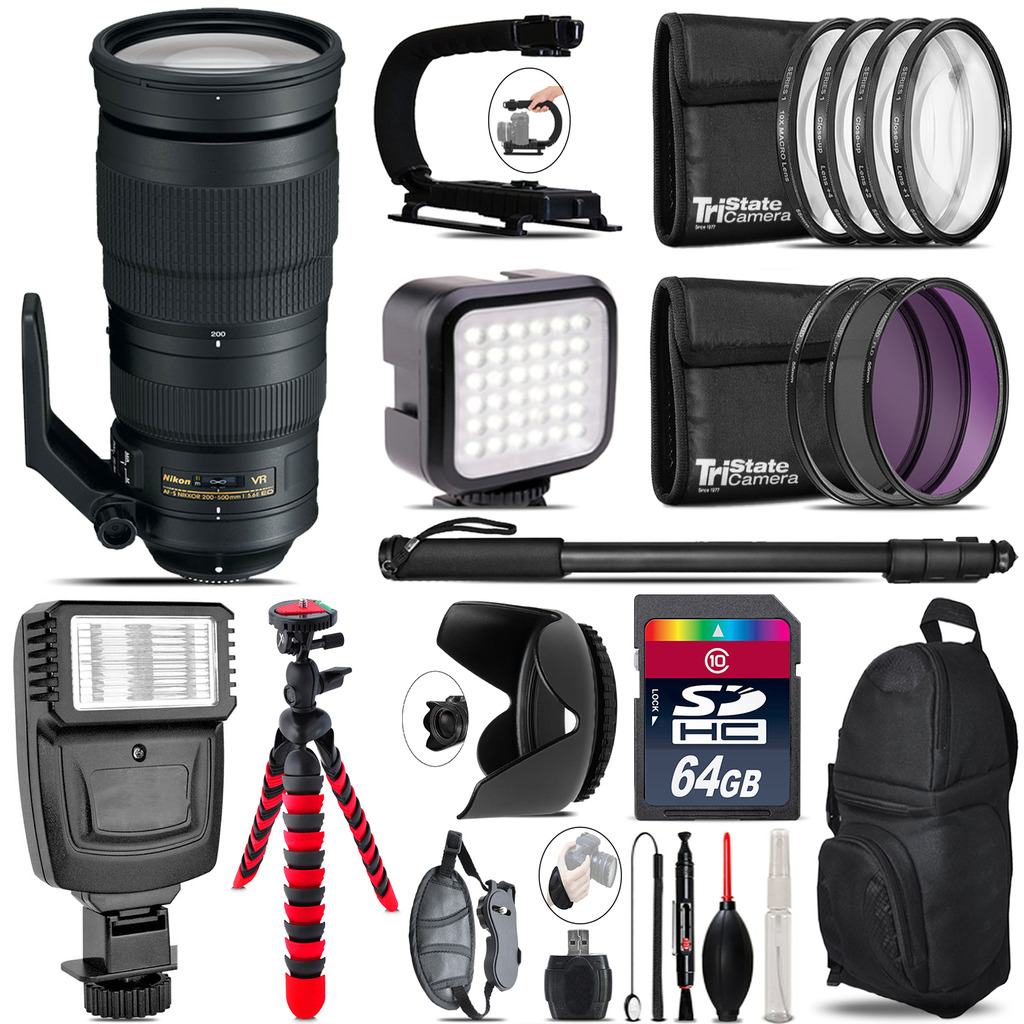 Nikon AF-S 200-500mm  VR Lens - Video Kit +  Flash - 64GB Accessory Bundle *FREE SHIPPING*