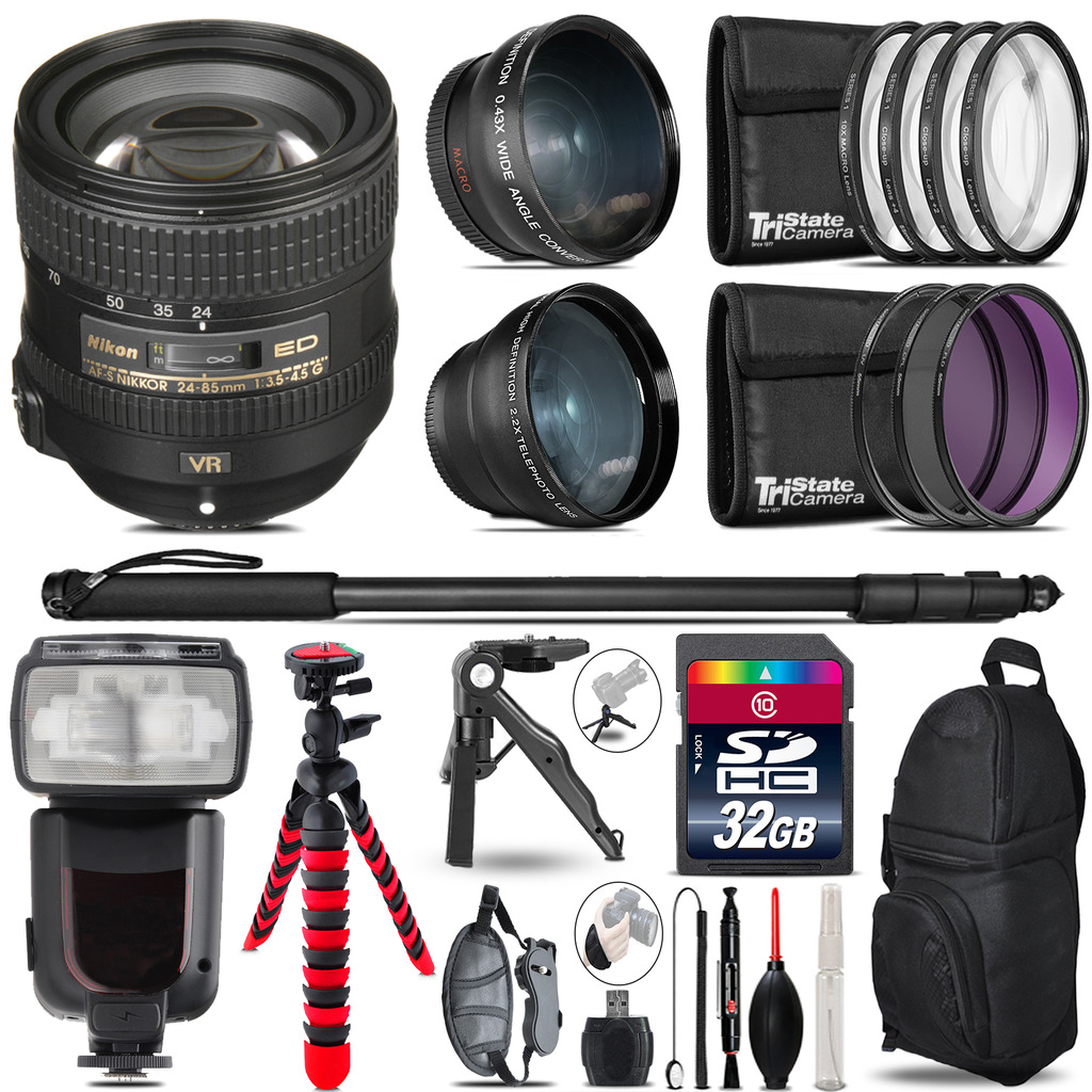 AFS 24-85mm VR - 3 Lens Kit + Professional Flash - 32GB Accessory Bundle *FREE SHIPPING*