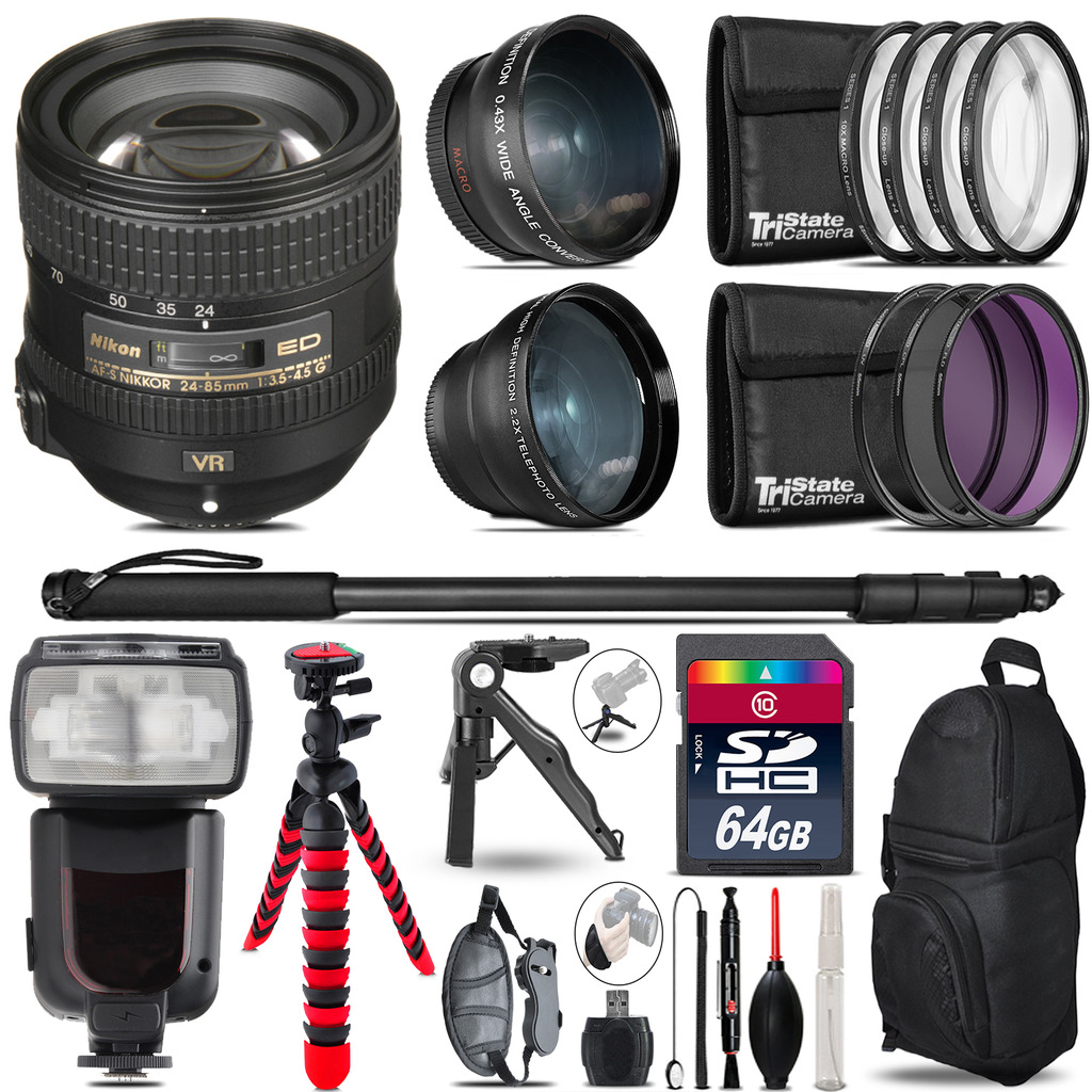 AFS 24-85mm VR - 3 Lens Kit + Professional Flash - 64GB Accessory Bundle *FREE SHIPPING*