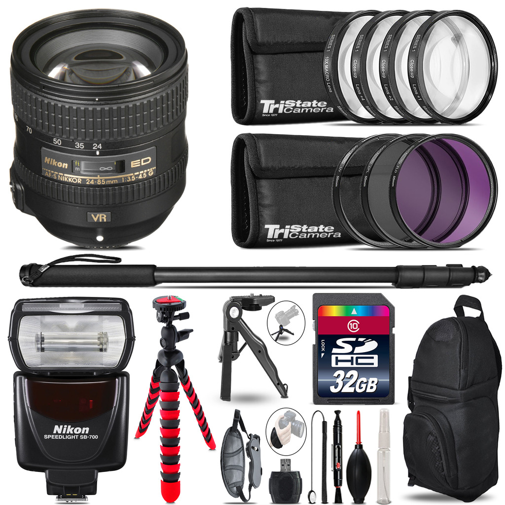 Nikon AFS 24-85mm VR + SB-700 AF Speedlight + UV-CPL-FLD - 32GB Accessory Kit *FREE SHIPPING*