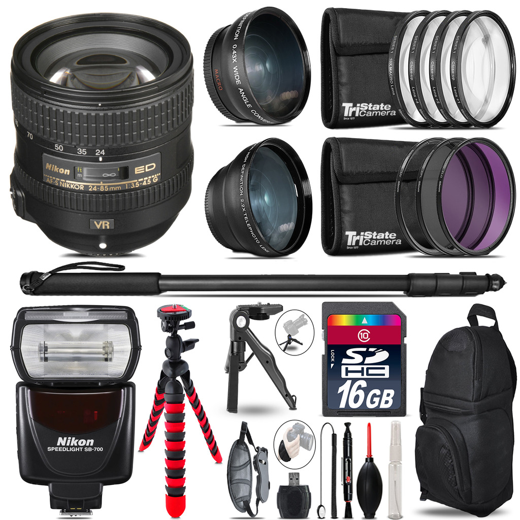 Nikon AFS 24-85mm VR + SB-700 AF Speedlight - 3 Lens Kit - 16GB Accessory Kit *FREE SHIPPING*