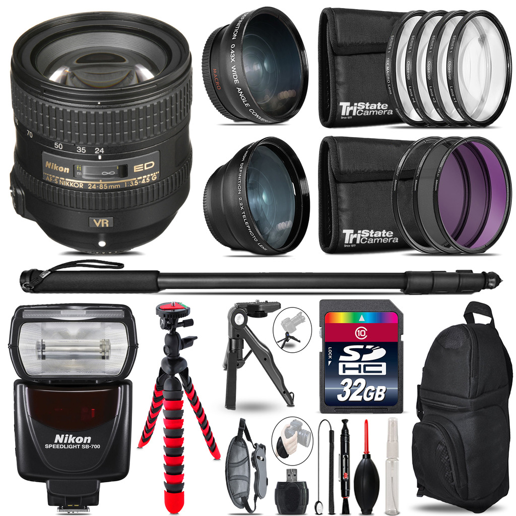 Nikon AFS 24-85mm VR + SB-700 AF Speedlight - 3 Lens Kit - 32GB Accessory Kit *FREE SHIPPING*