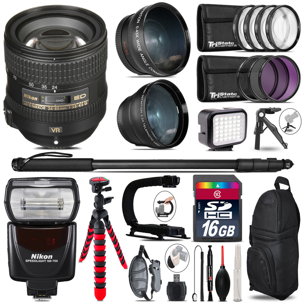 Nikon AFS 24-85mm VR + SB-700 AF Speedlight - LED LIGHT - 16GB Accessory Kit *FREE SHIPPING*