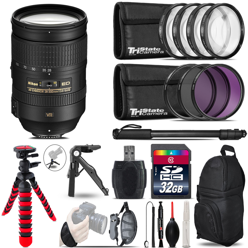 Nikon AF-S 28-300mm VR + MACRO, UV-CPL-FLD Filter + Monopod - 32GB Accessory Kit *FREE SHIPPING*