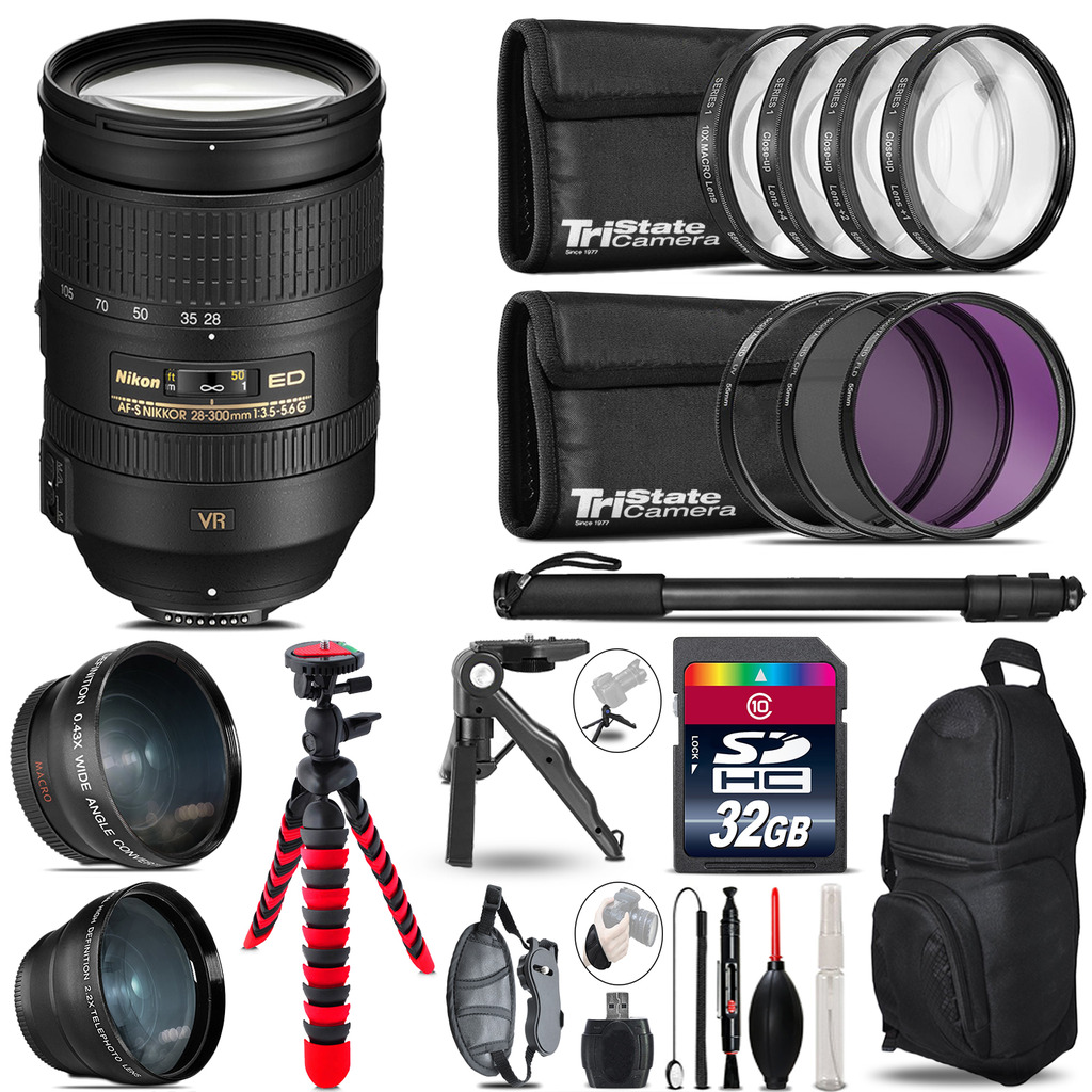 Nikon 28-300mm VR - 3 Lens Kit + Tripod + Backpack - 32GB Accessory Bundle *FREE SHIPPING*