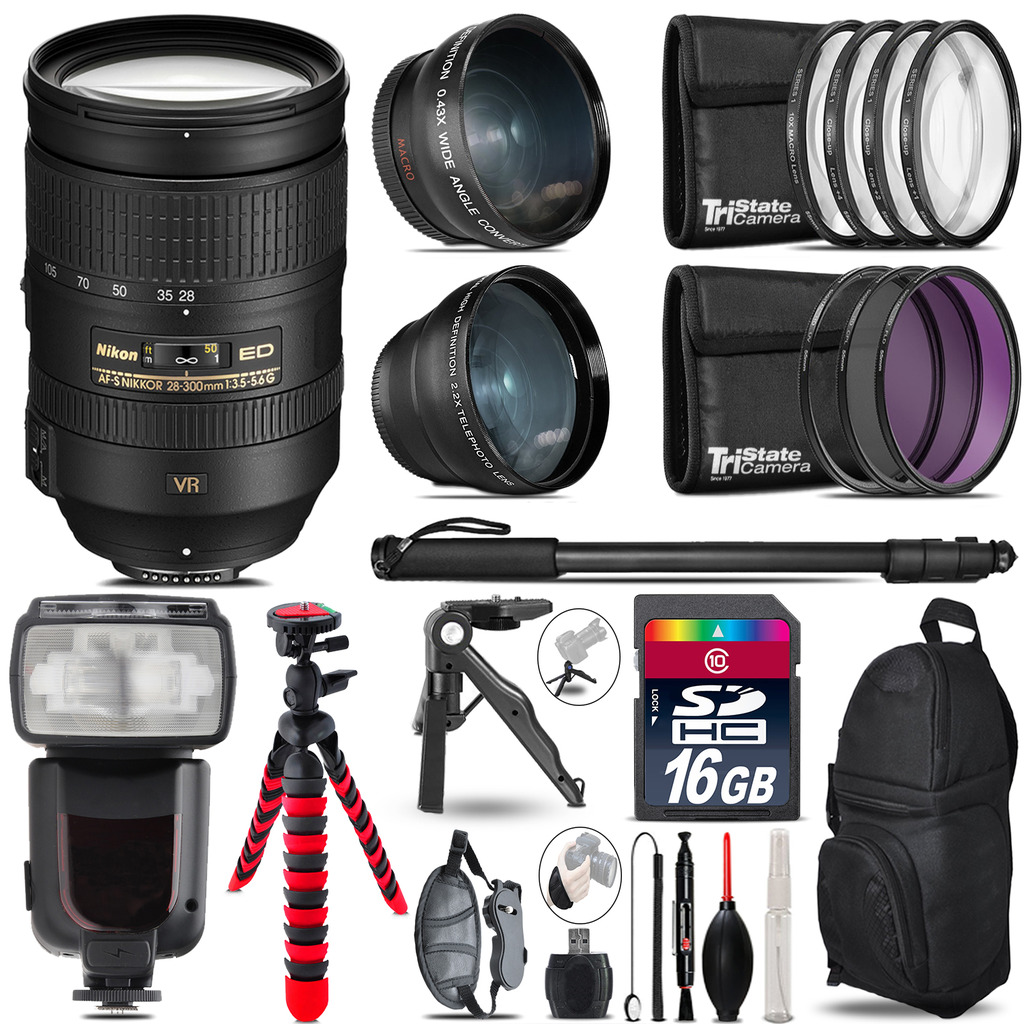 Nikon 28-300mm VR - 3 Lens Kit + Professional Flash - 16GB Accessory Bundle *FREE SHIPPING*