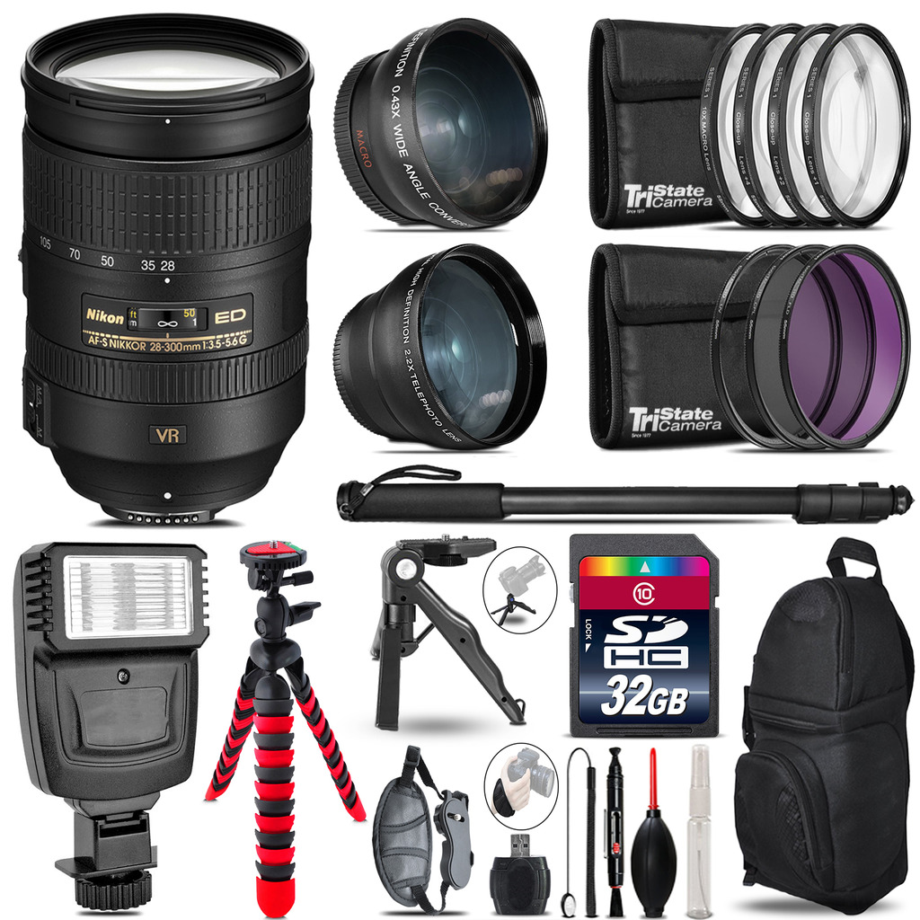 Nikon 28-300mm VR -3 Lens Kit + Slave Flash + Tripod - 32GB Accessory Bundle *FREE SHIPPING*