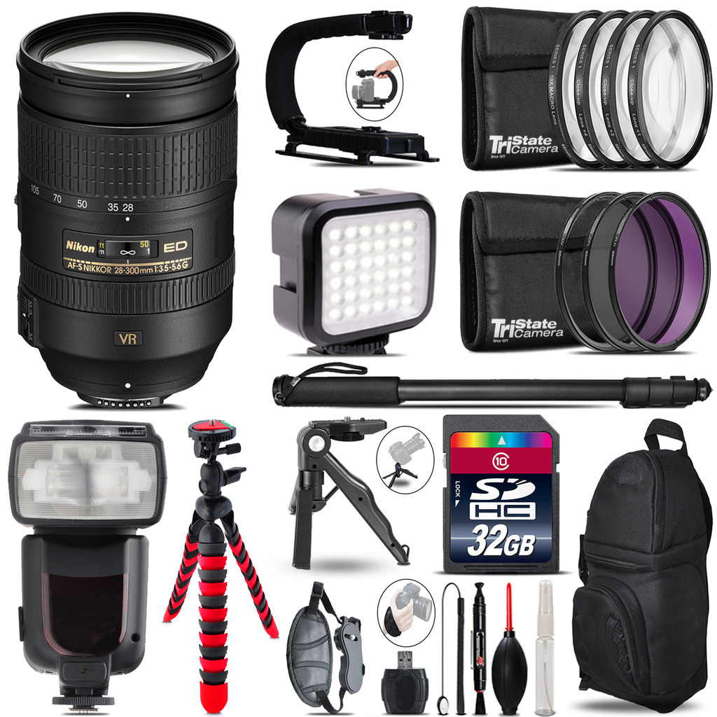 Nikon 28-300mm VR - Video Kit + Pro Flash + Monopod - 32GB Accessory Bundle *FREE SHIPPING*
