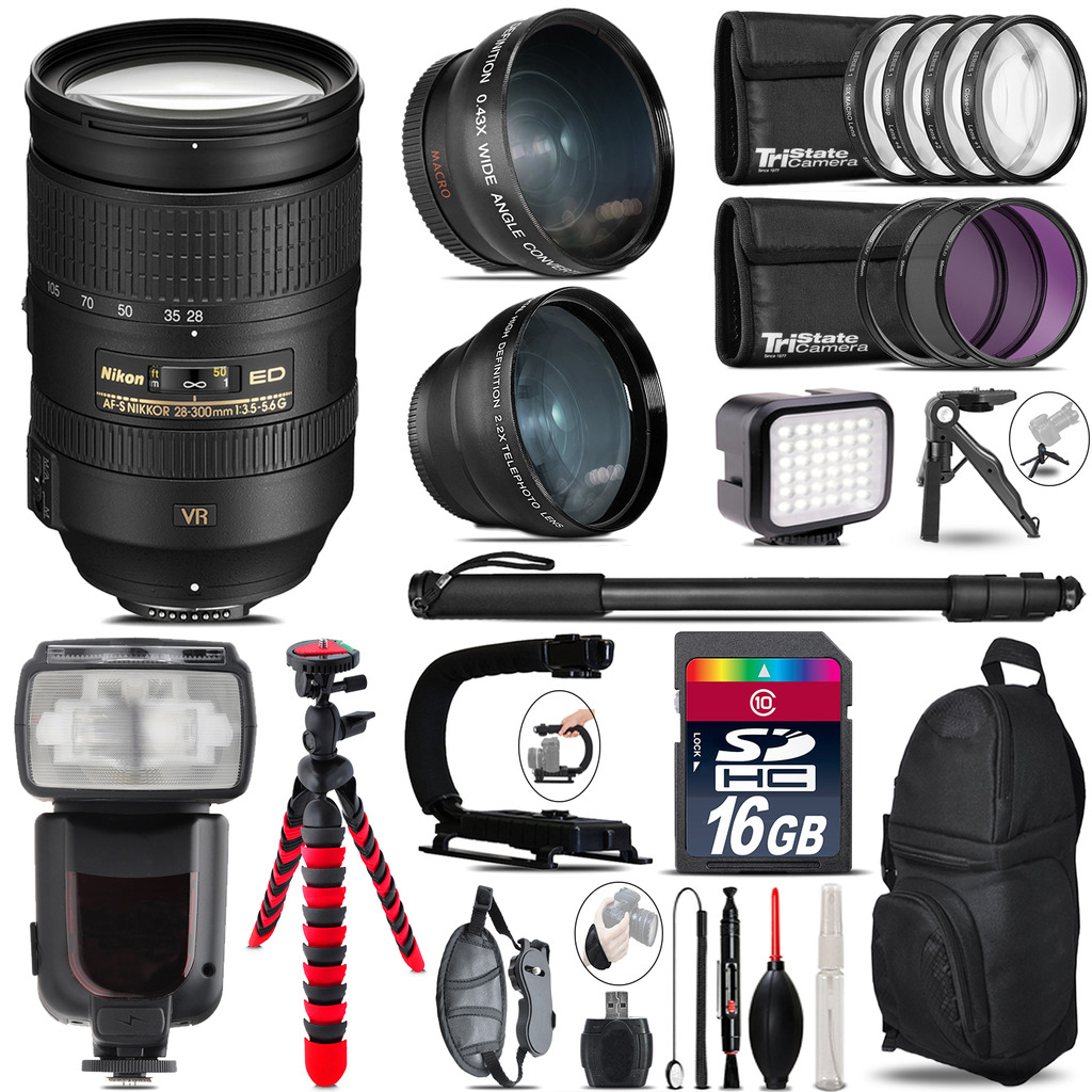 Nikon 28-300mm VR + Pro Flash + LED Light + Tripod - 16GB Accessory Bundle *FREE SHIPPING*