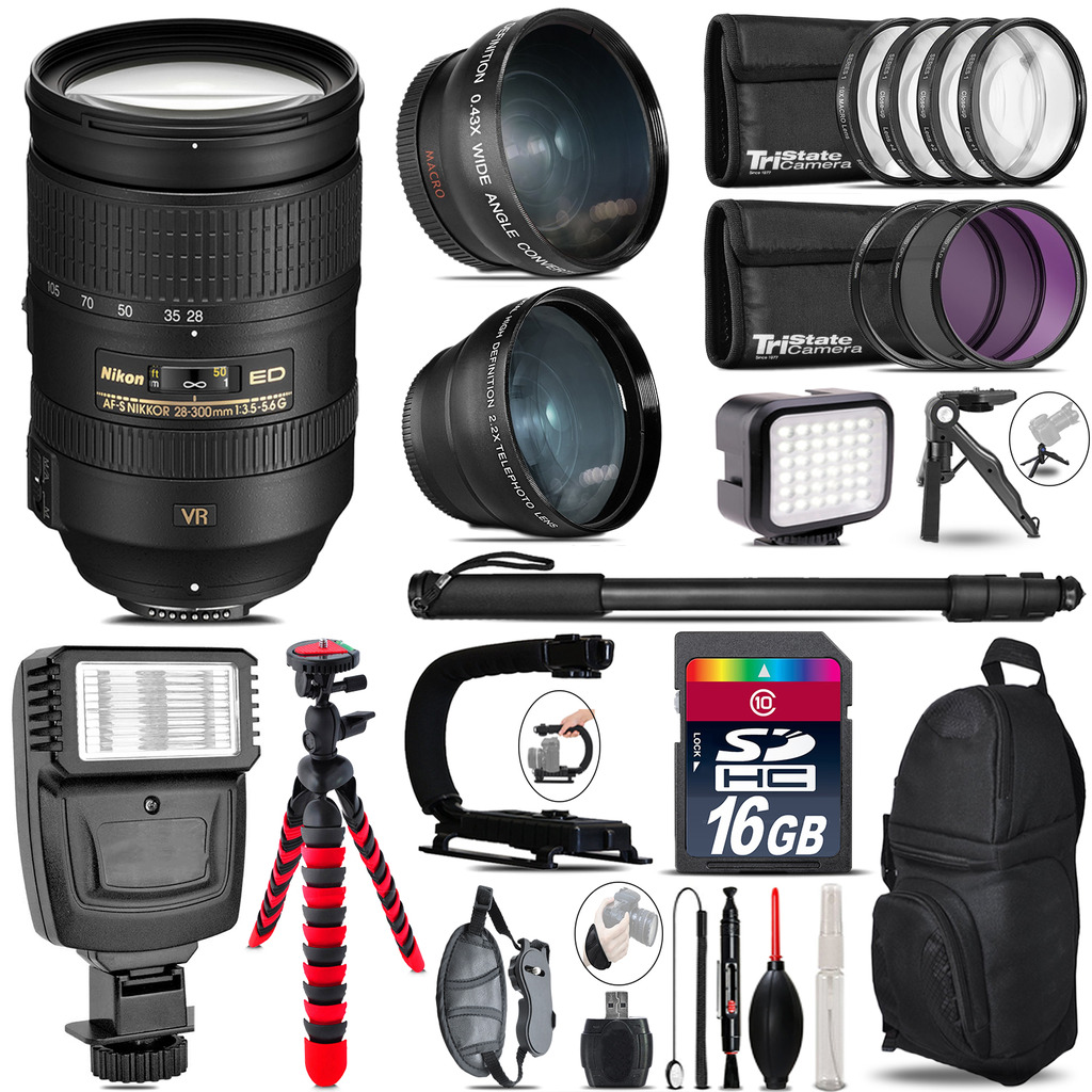 Nikon 28-300mm VR + Slave Flash + LED Light + Tripod - 16GB Accessory Bundle *FREE SHIPPING*