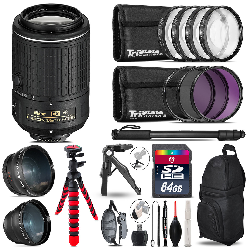 Nikon 55-200mm VR - 3 Lens Kit + Tripod + Backpack - 64GB Accessory Bundle *FREE SHIPPING*