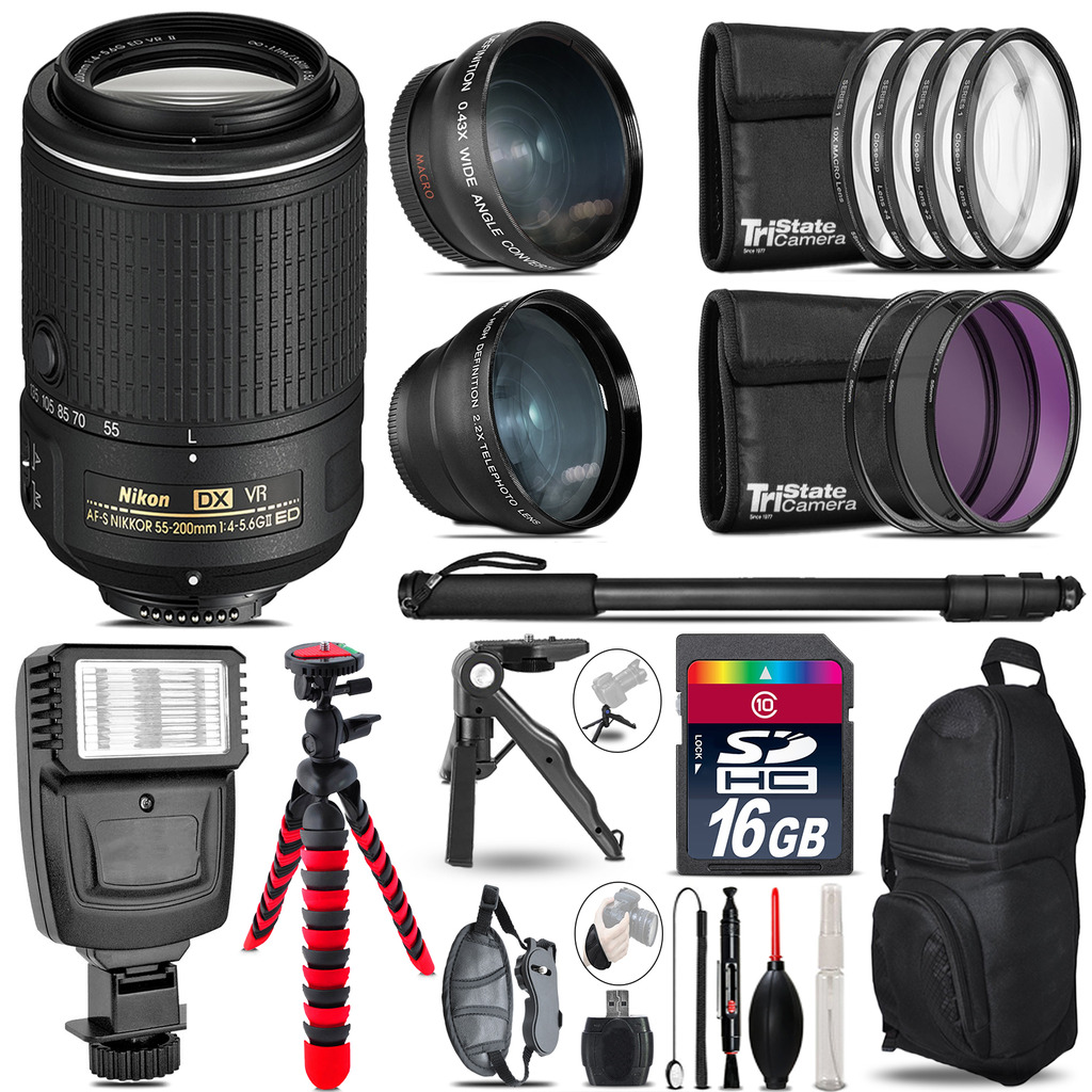 Nikon 55-200mm VR -3 Lens Kit + Slave Flash + Tripod - 16GB Accessory Bundle *FREE SHIPPING*