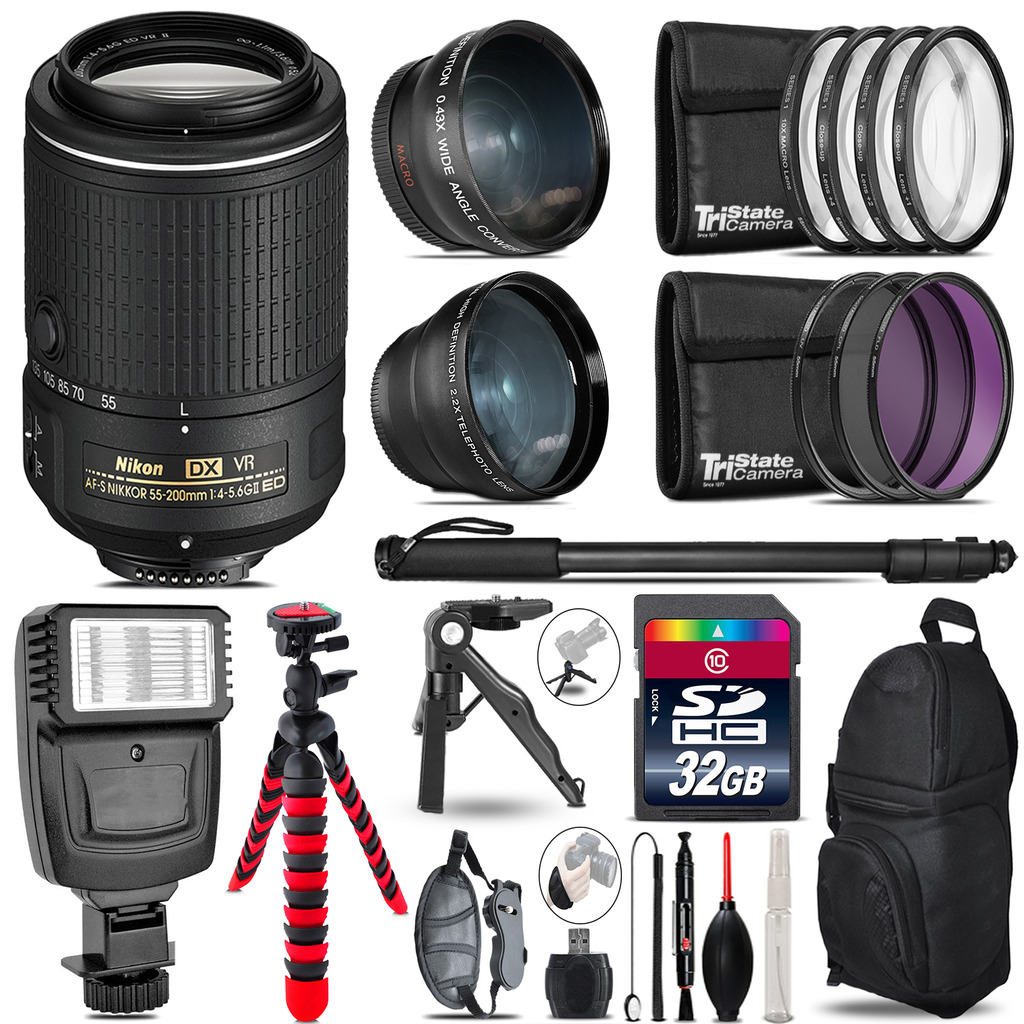 Nikon 55-200mm VR -3 Lens Kit + Slave Flash + Tripod - 32GB Accessory Bundle *FREE SHIPPING*