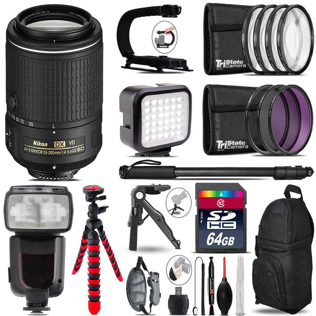 Nikon 55-200mm VR - Video Kit + Pro Flash + Monopod - 64GB Accessory Bundle *FREE SHIPPING*