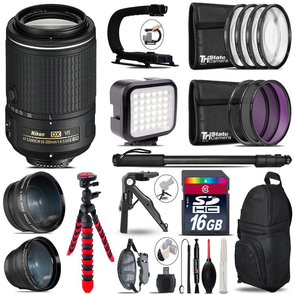 Nikon AFS 55-200mm VR -Video Kit + LED KIt + Monopod - 16GB Accessory Bundle *FREE SHIPPING*