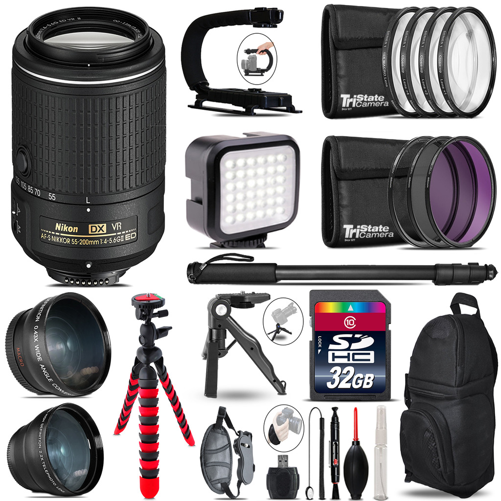 Nikon AFS 55-200mm VR -Video Kit + LED KIt + Monopod - 32GB Accessory Bundle *FREE SHIPPING*