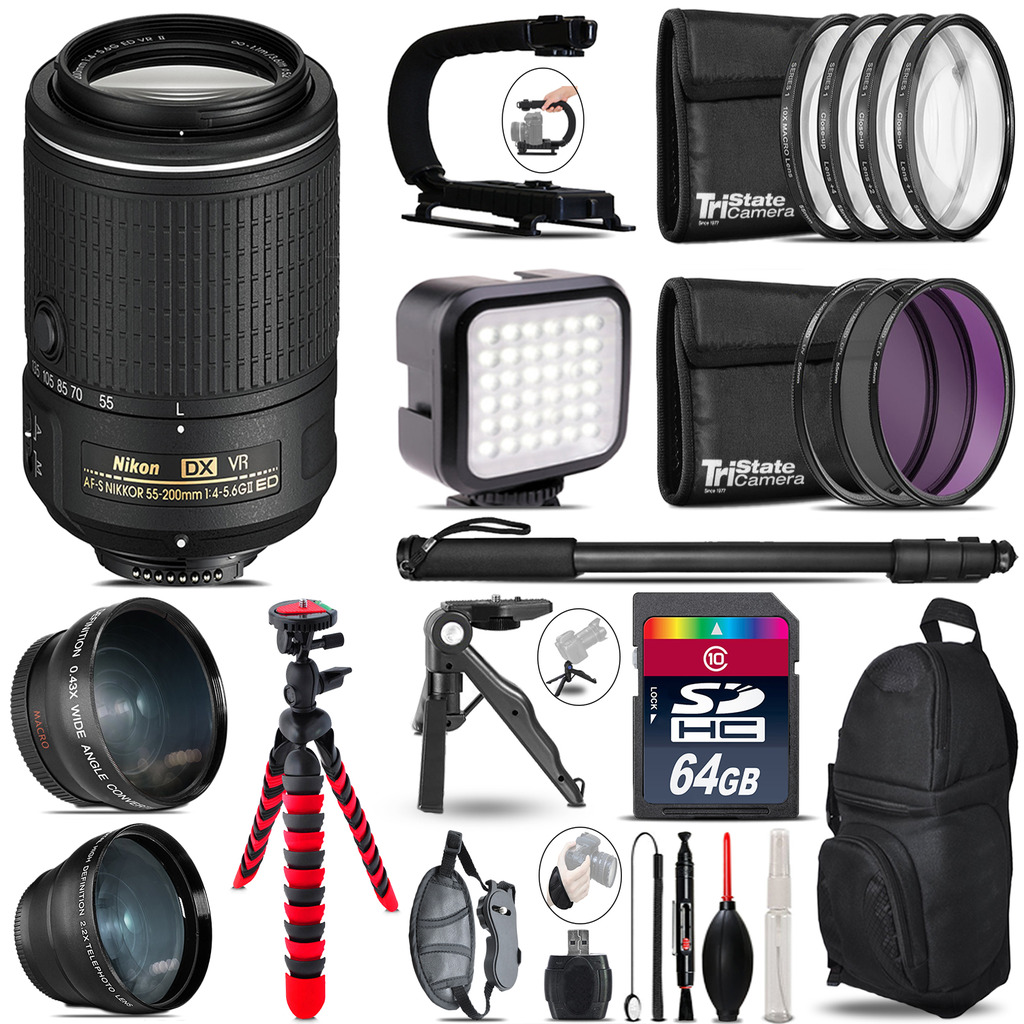 Nikon AFS 55-200mm VR -Video Kit + LED KIt + Monopod - 64GB Accessory Bundle *FREE SHIPPING*