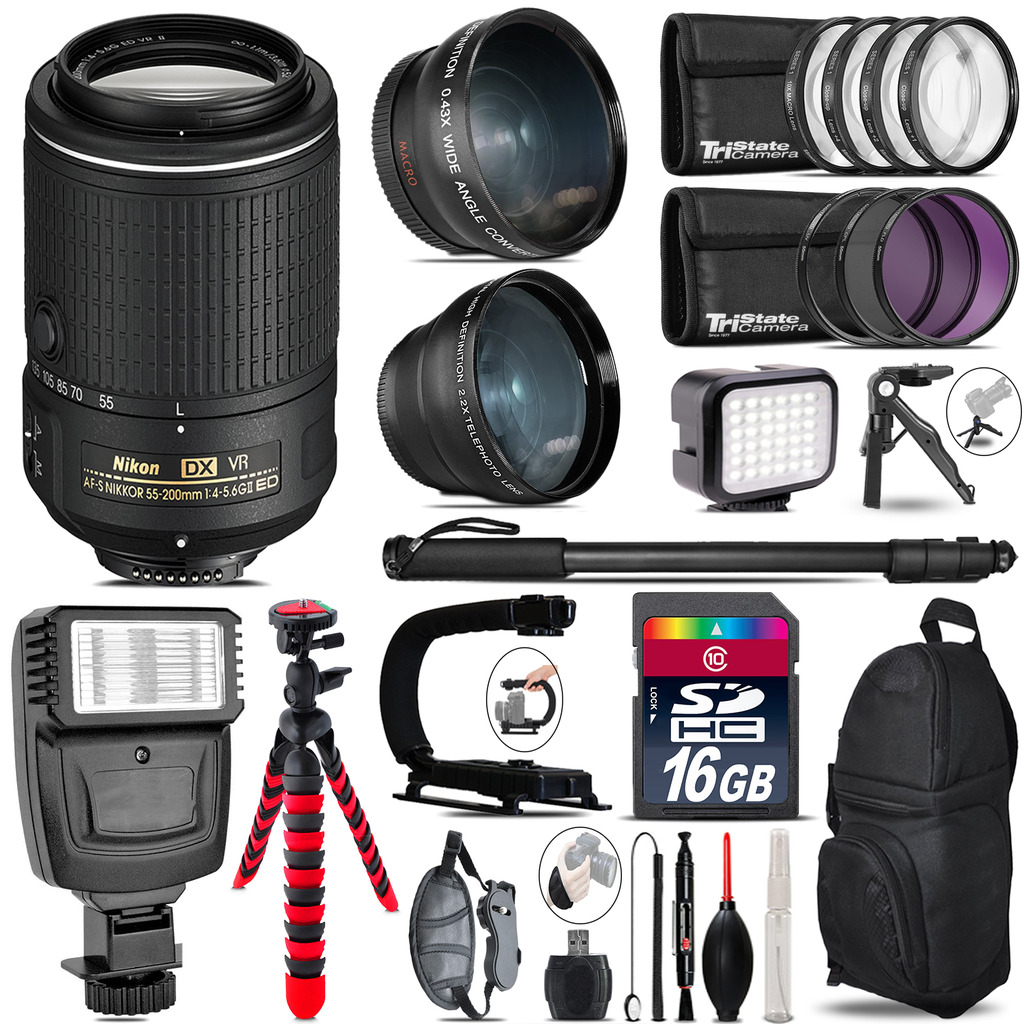 Nikon 55-200mm VR + Slave Flash + LED Light + Tripod - 16GB Accessory Bundle *FREE SHIPPING*