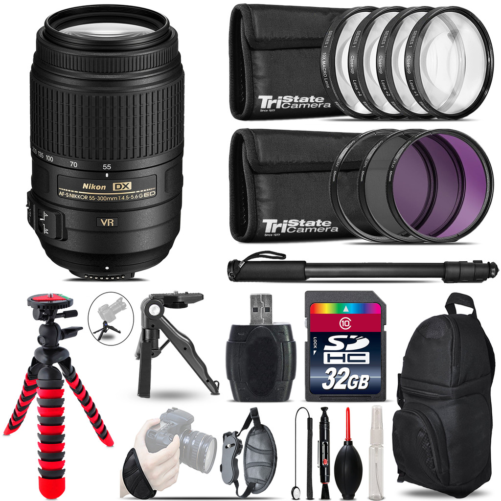 AF-S DX 55-300mm VR+ MACRO, UV-CPL-FLD Filter + Monopod - 32GB Accessory Kit *FREE SHIPPING*