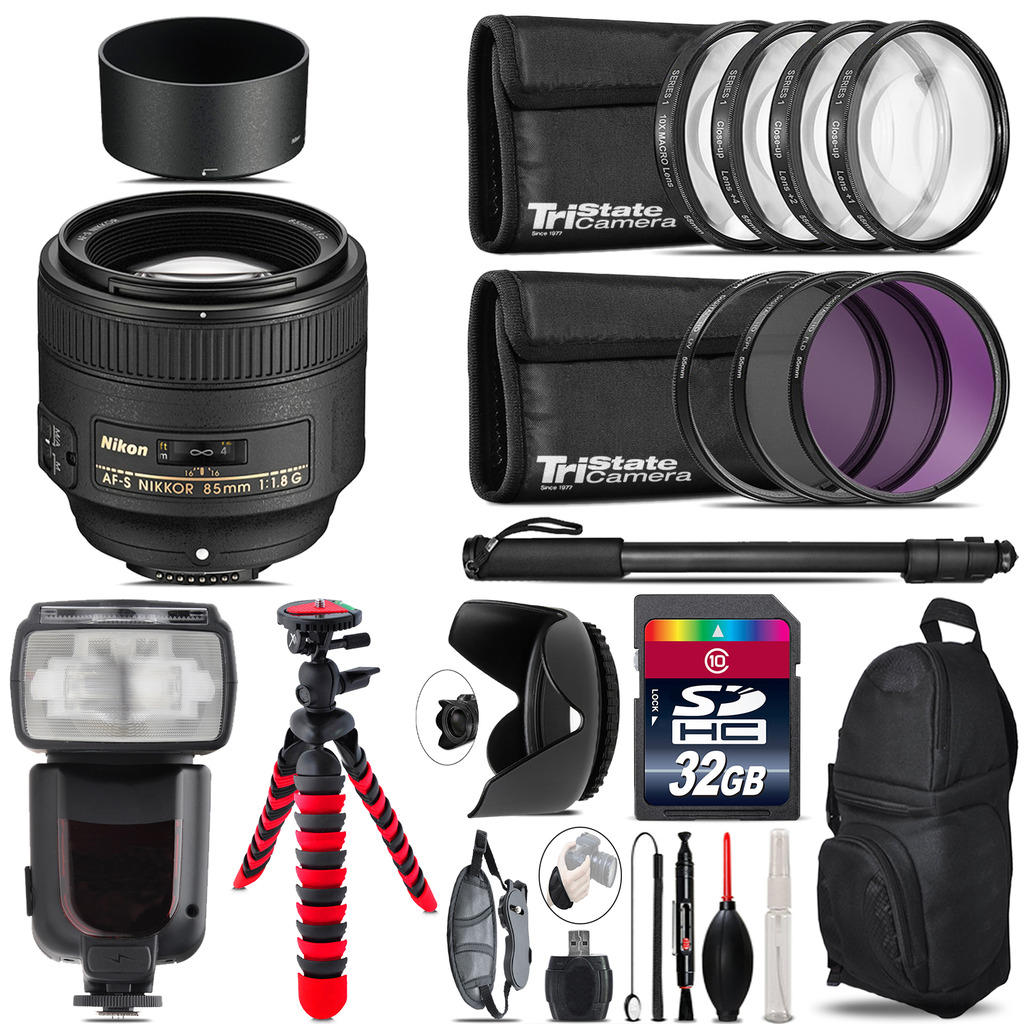 Nikon AF-S 85mm f/1.8G Lens + Professional Flash & More - 32GB Accessory Kit *FREE SHIPPING*
