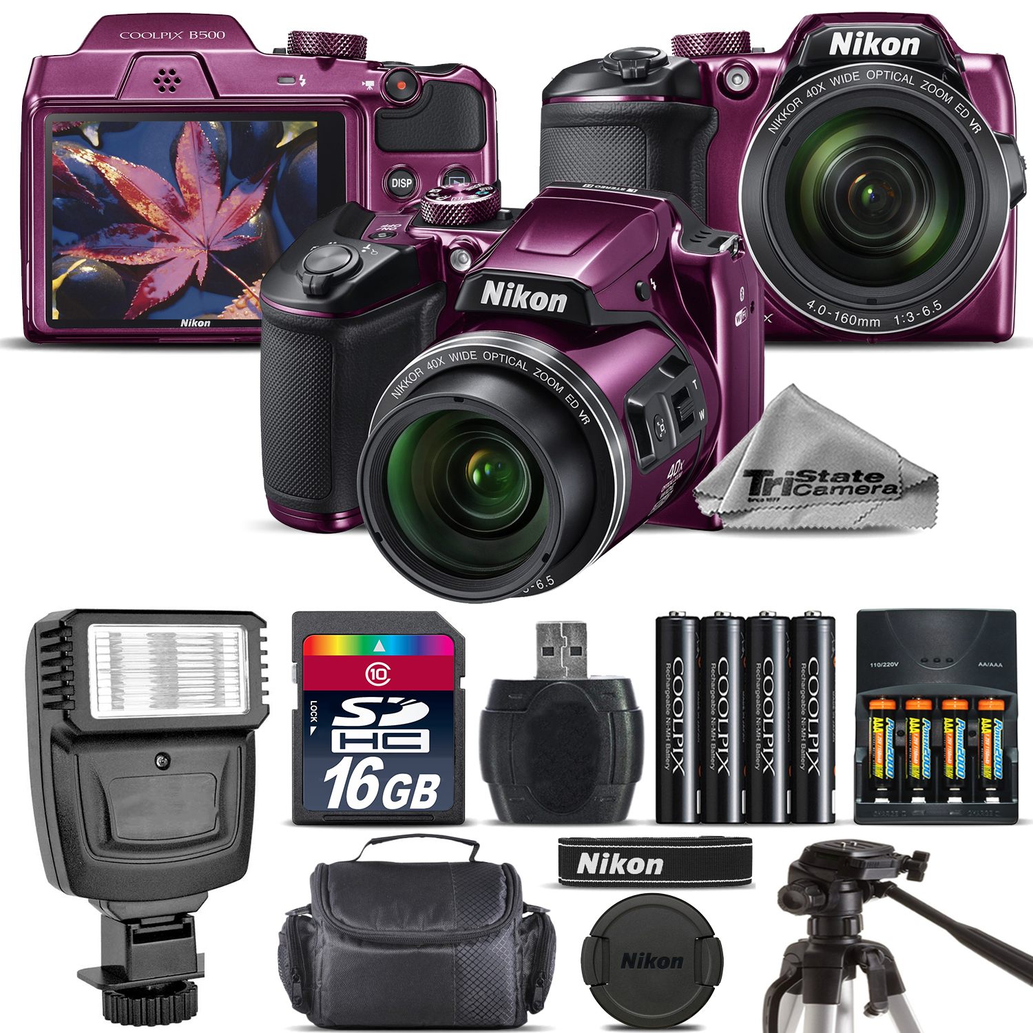 COOLPIX B500 Camera Plum 40x Zoom + Flash + Tripod + Case -16GB Kit Bundle *FREE SHIPPING*