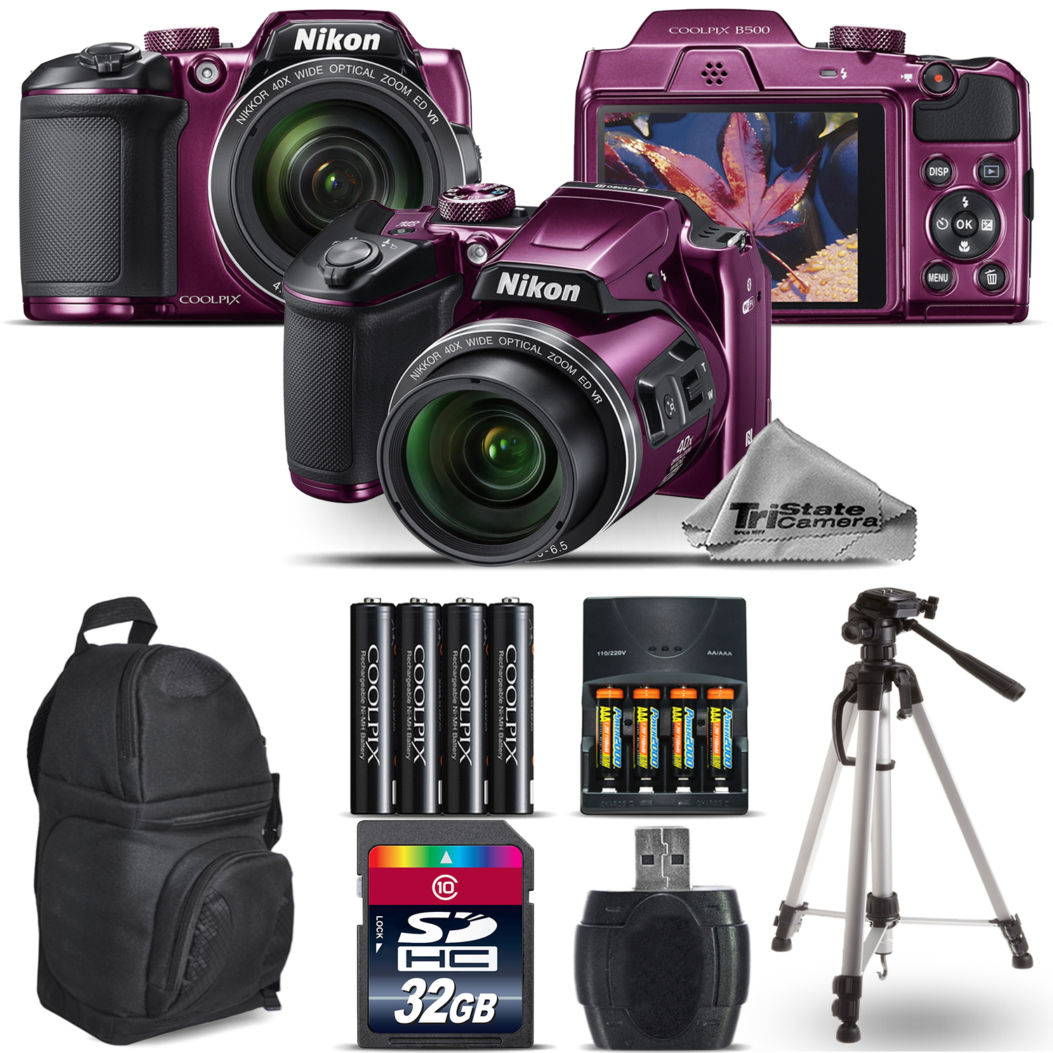 COOLPIX B500 Plum Camera 40x Zoom + Extra Battery + Backpack - 32GB Bundle *FREE SHIPPING*