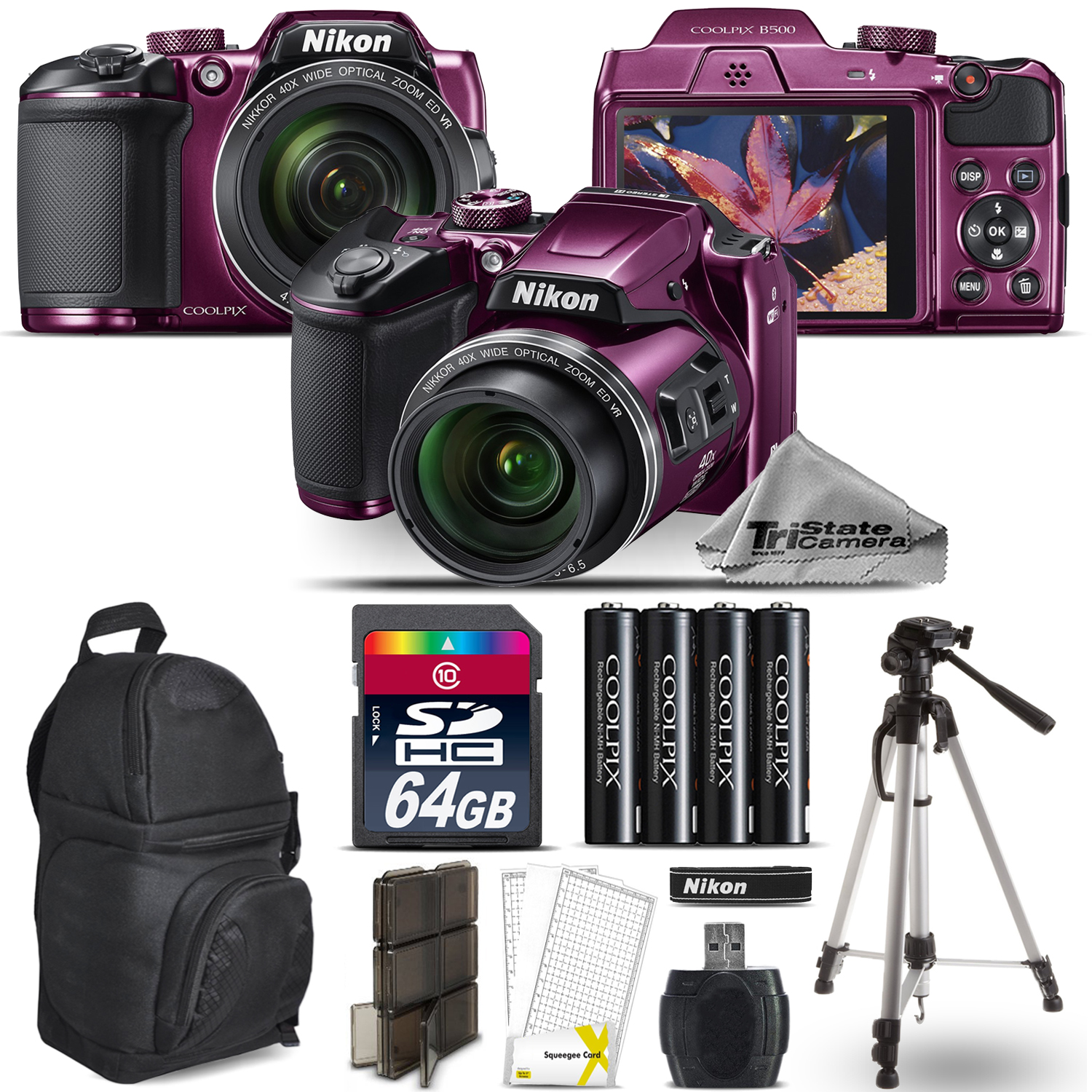 COOLPIX B500 Plum Camera 40x Optical Zoom + Tripod + Backpack - 64GB Kit *FREE SHIPPING*