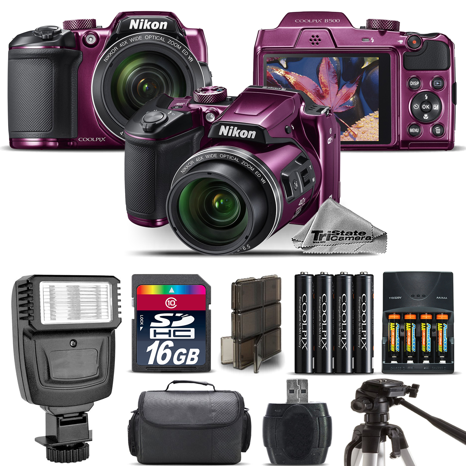 COOLPIX B500 Plum Camera 40x Optical Zoom + Flash + Case - 16GB Kit Bundle *FREE SHIPPING*