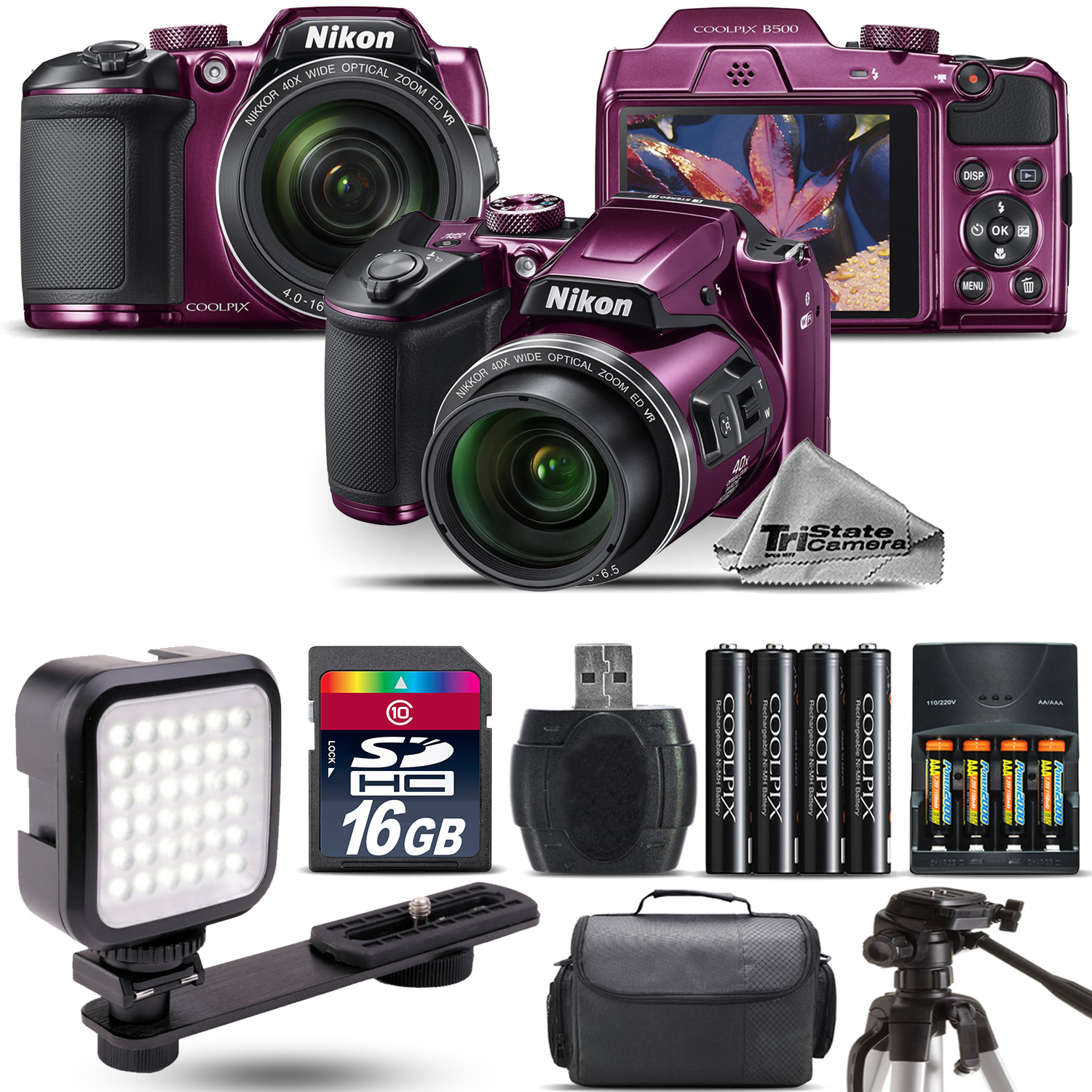 COOLPIX B500 Plum Camera 40x Optical Zoom + LED + Case - 16GB Kit Bundle *FREE SHIPPING*