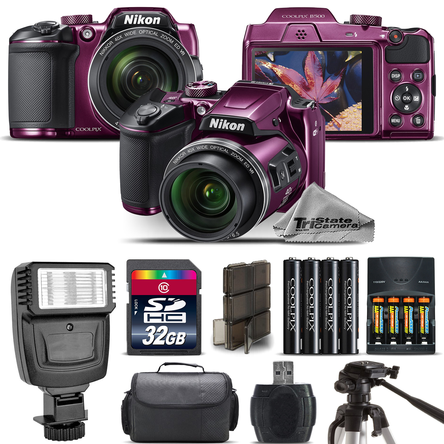 COOLPIX B500 Plum Camera 40x Optical Zoom + Flash + Case - 32GB Kit Bundle *FREE SHIPPING*
