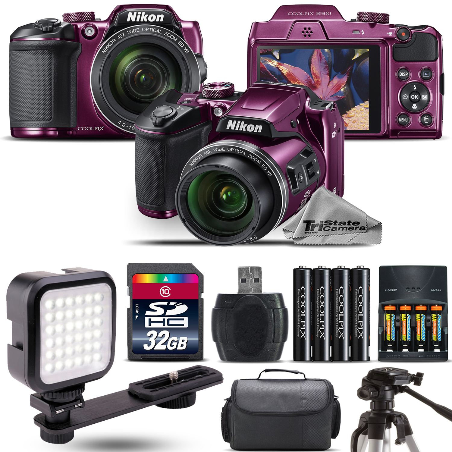 COOLPIX B500 Plum Camera 40x Optical Zoom + LED + Case - 32GB Kit Bundle *FREE SHIPPING*