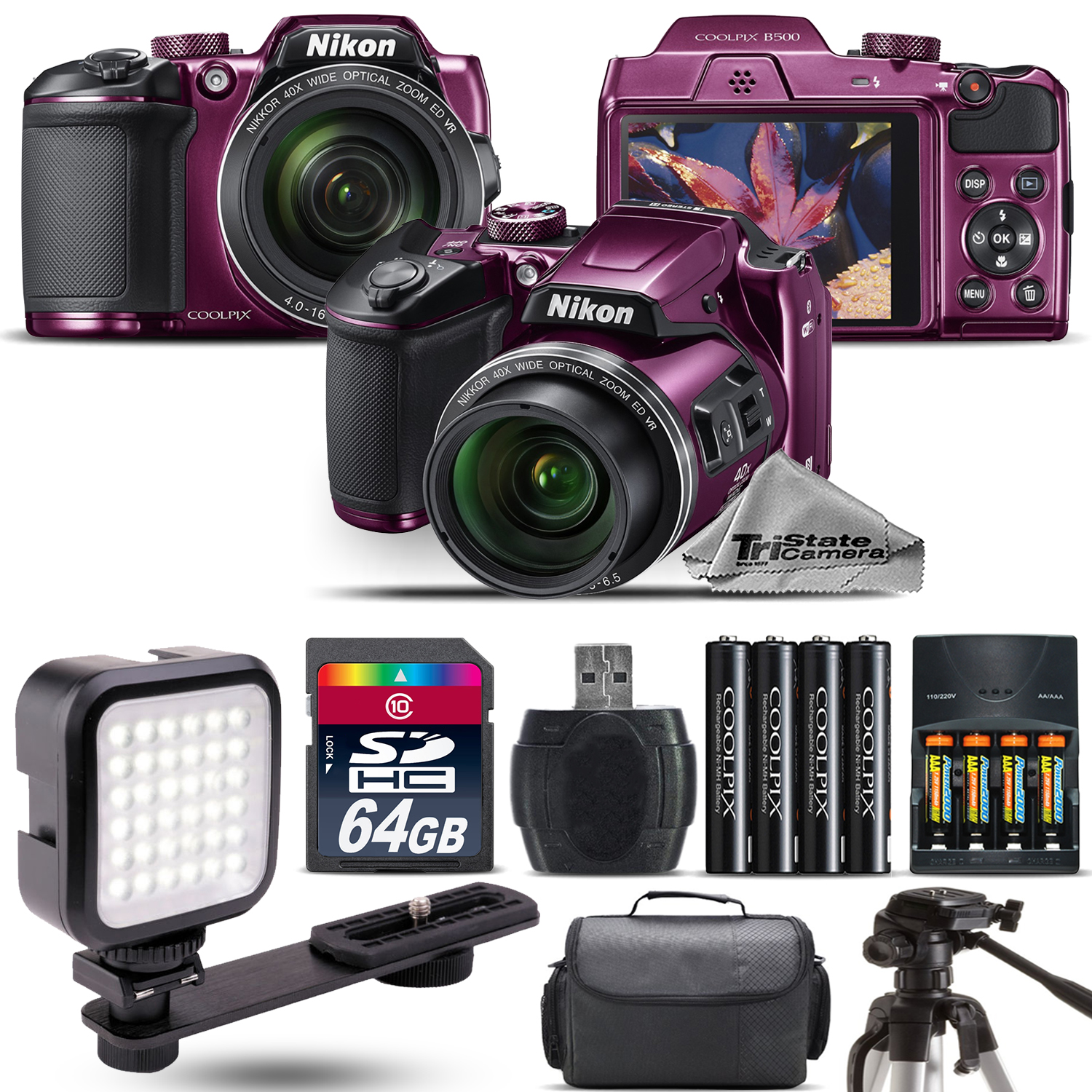 COOLPIX B500 Plum Camera 40x Optical Zoom + LED + Case - 64GB Kit Bundle *FREE SHIPPING*